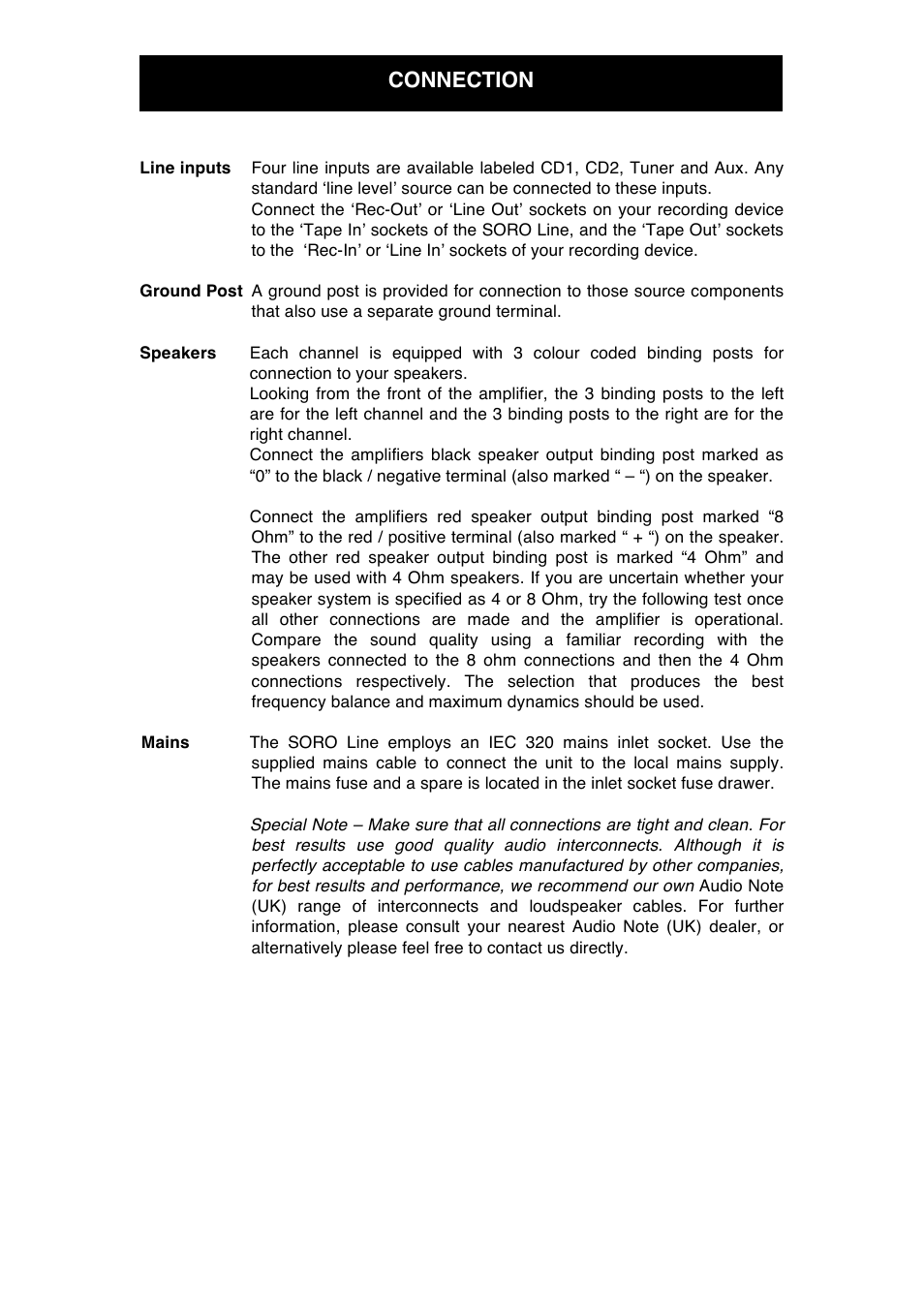 Connection | Audio Note Soro Line PP User Manual | Page 7 / 11