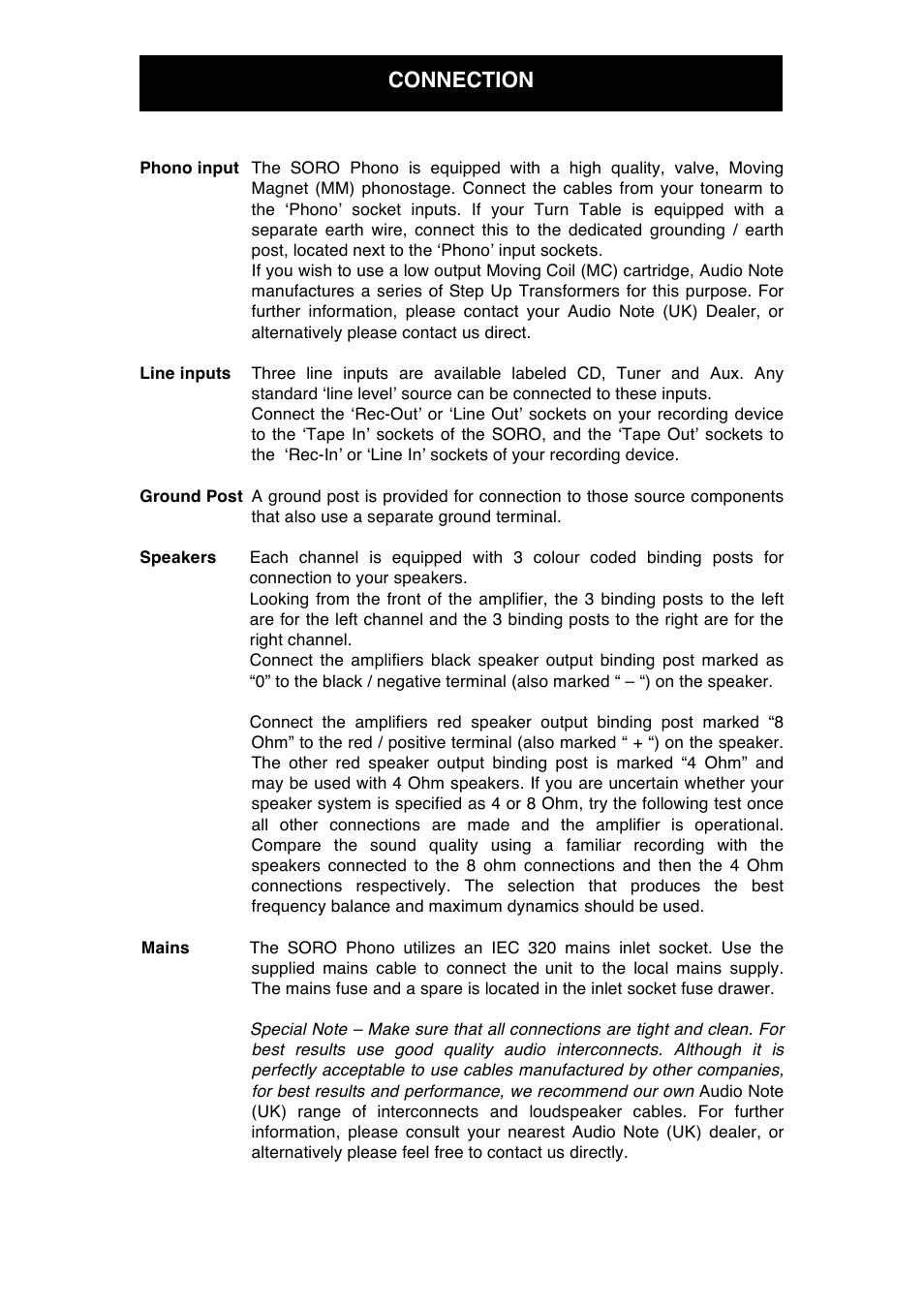 Connection | Audio Note Soro Phono PP User Manual | Page 7 / 11