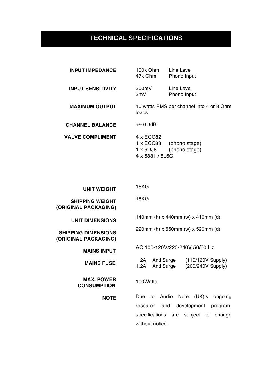 Technical specifications | Audio Note Soro Phono PP User Manual | Page 9 / 11
