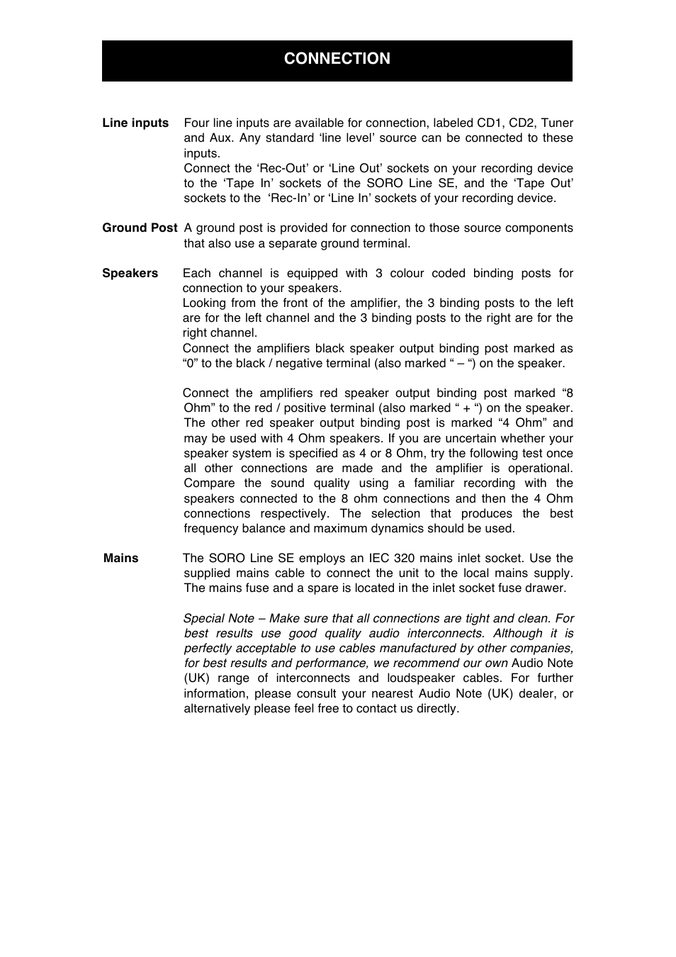 Connection | Audio Note Soro Line SE User Manual | Page 7 / 11