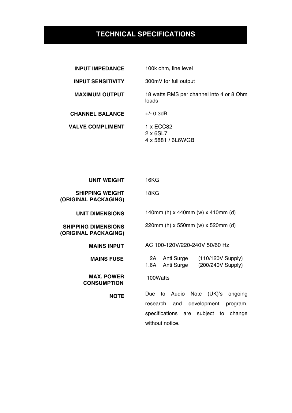 Technical specifications | Audio Note Soro Line SE User Manual | Page 9 / 11