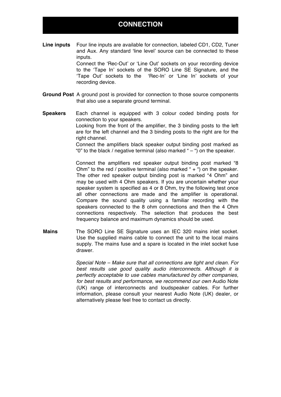 Connection | Audio Note Soro Line SE Signature User Manual | Page 7 / 11