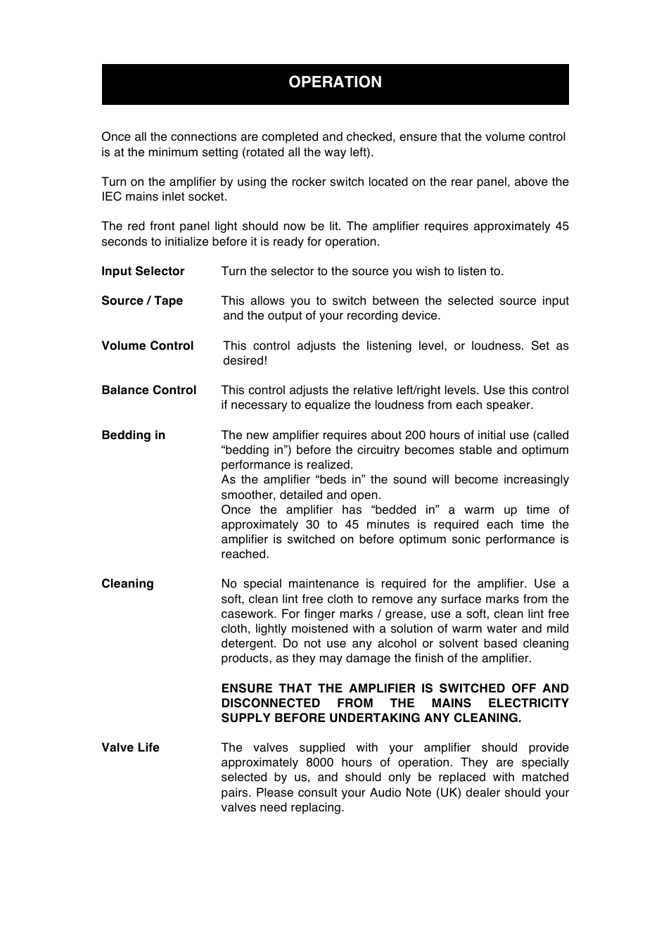 Operation | Audio Note Soro Line SE Signature User Manual | Page 8 / 11