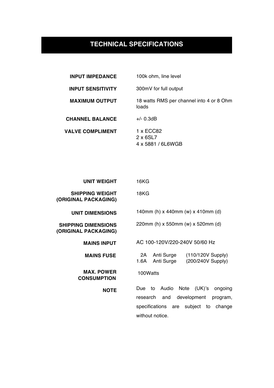Technical specifications | Audio Note Soro Line SE Signature User Manual | Page 9 / 11