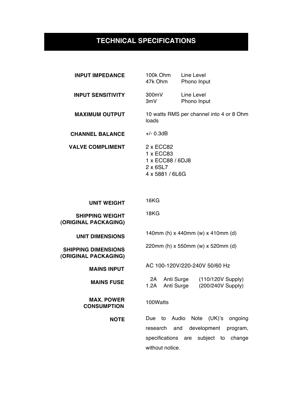 Technical specifications | Audio Note Soro Phono User Manual | Page 9 / 11