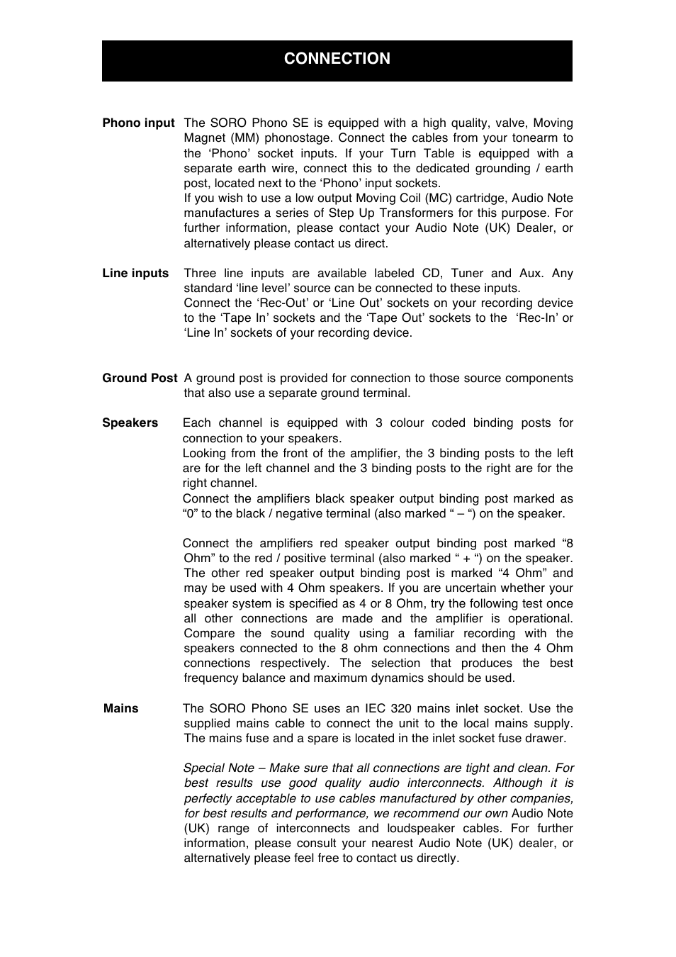 Connection | Audio Note Soro Phono SE User Manual | Page 7 / 11