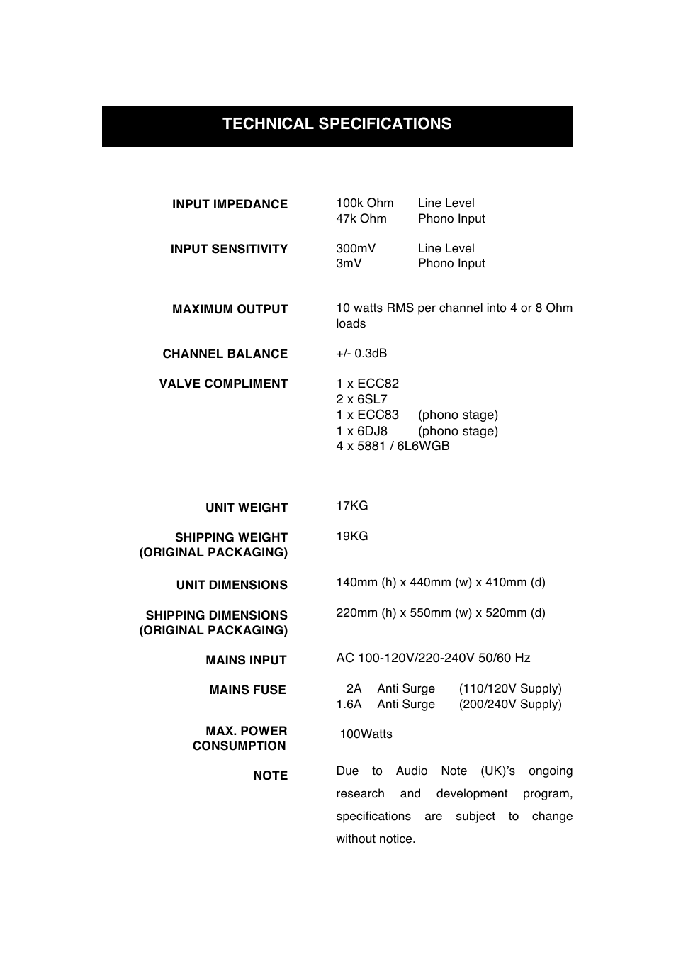 Technical specifications | Audio Note Soro Phono SE User Manual | Page 9 / 11