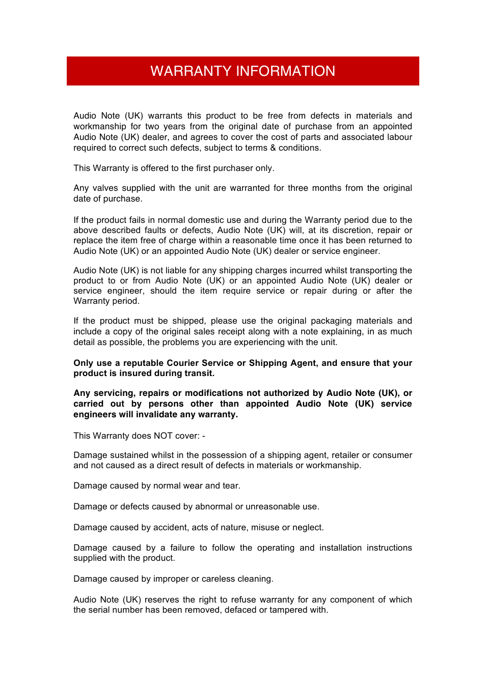Warranty information | Audio Note Soro Phonoe SE Signature User Manual | Page 10 / 11