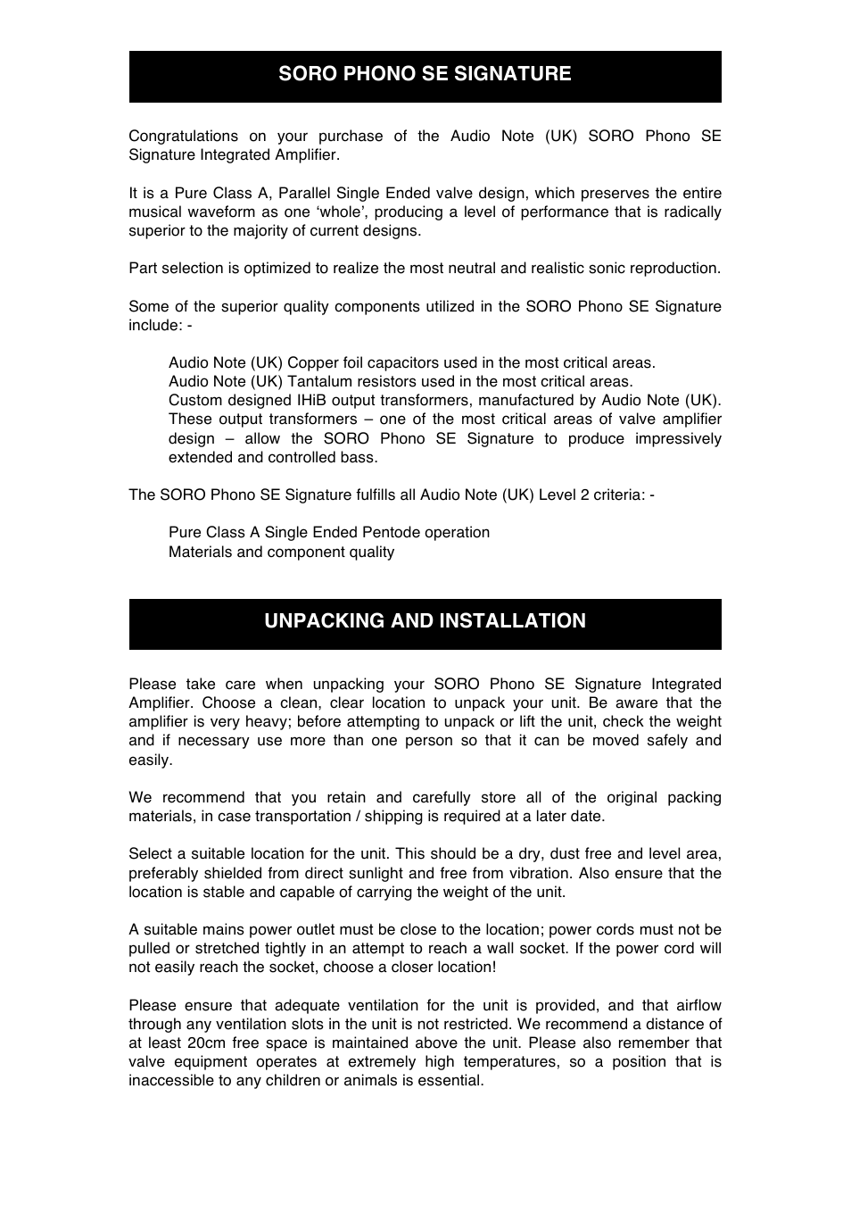 Soro phono se signature unpacking and installation | Audio Note Soro Phonoe SE Signature User Manual | Page 6 / 11