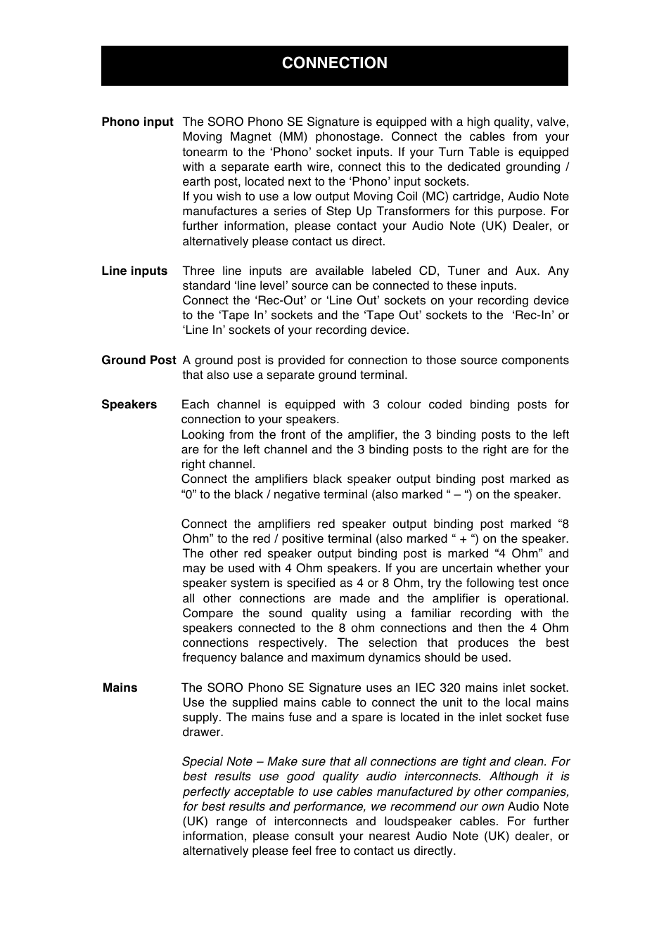 Connection | Audio Note Soro Phonoe SE Signature User Manual | Page 7 / 11