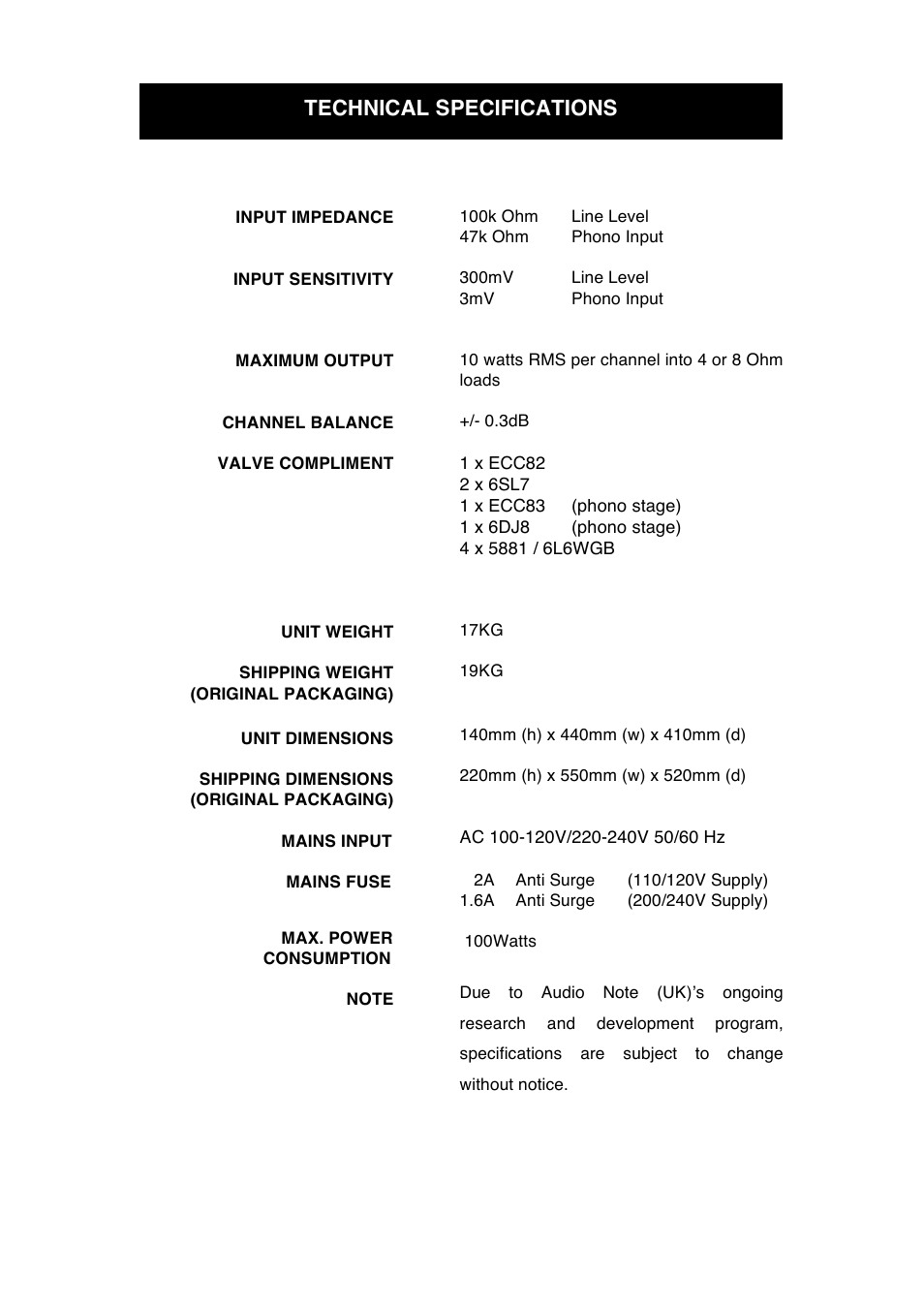 Technical specifications | Audio Note Soro Phonoe SE Signature User Manual | Page 9 / 11