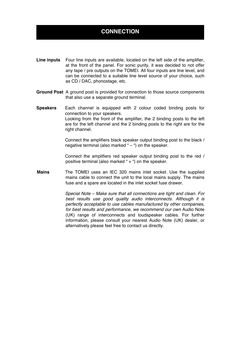 Connection | Audio Note Tomei User Manual | Page 11 / 15