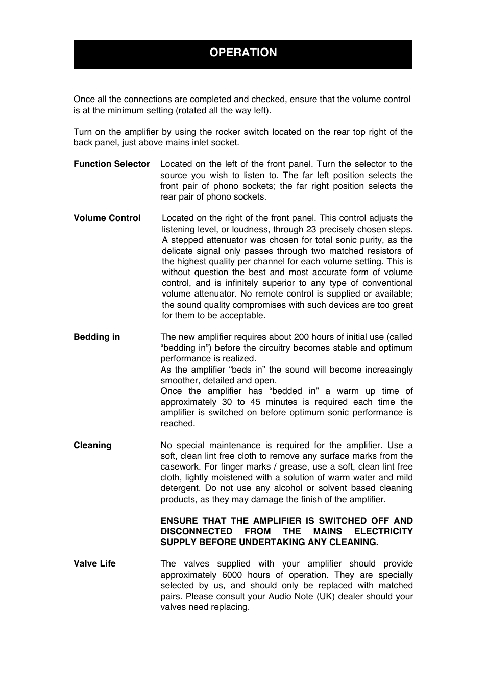 Operation | Audio Note Tomei User Manual | Page 12 / 15