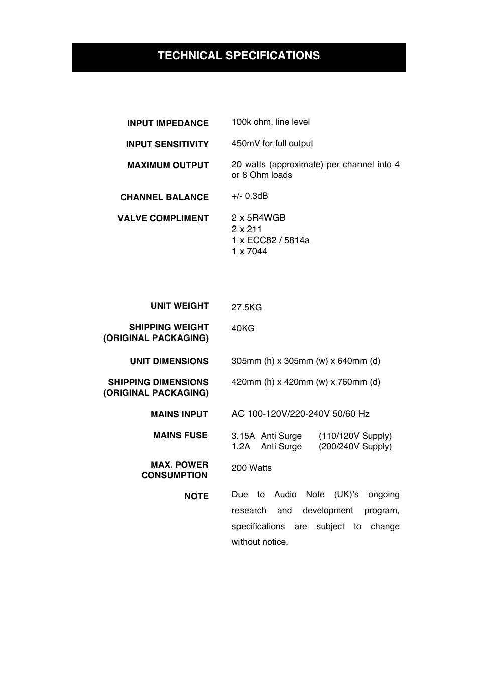 Technical specifications | Audio Note Tomei User Manual | Page 13 / 15