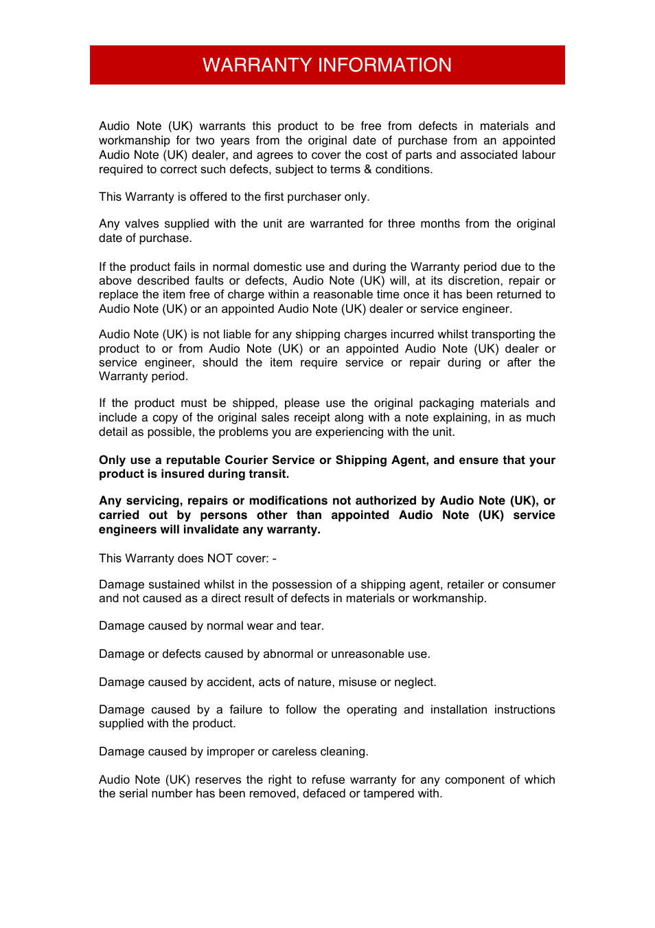 Warranty information | Audio Note Tomei User Manual | Page 14 / 15
