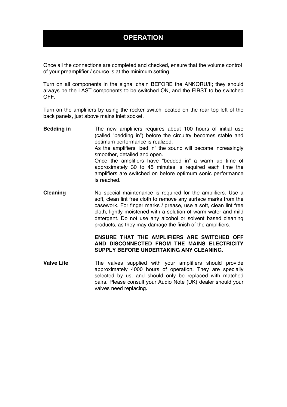 Operation | Audio Note Ankoru/II User Manual | Page 11 / 14