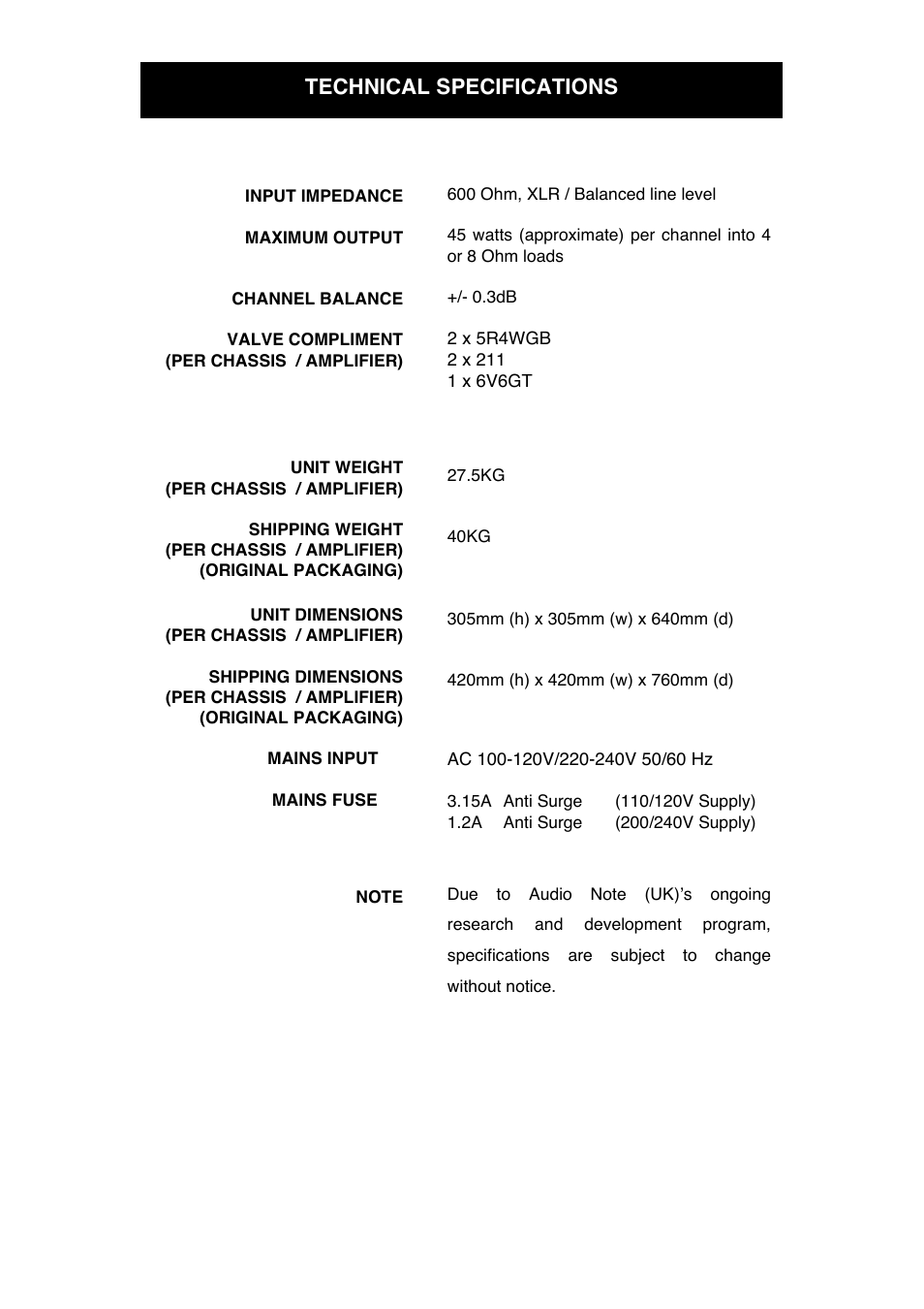 Technical specifications | Audio Note Ankoru/II User Manual | Page 12 / 14