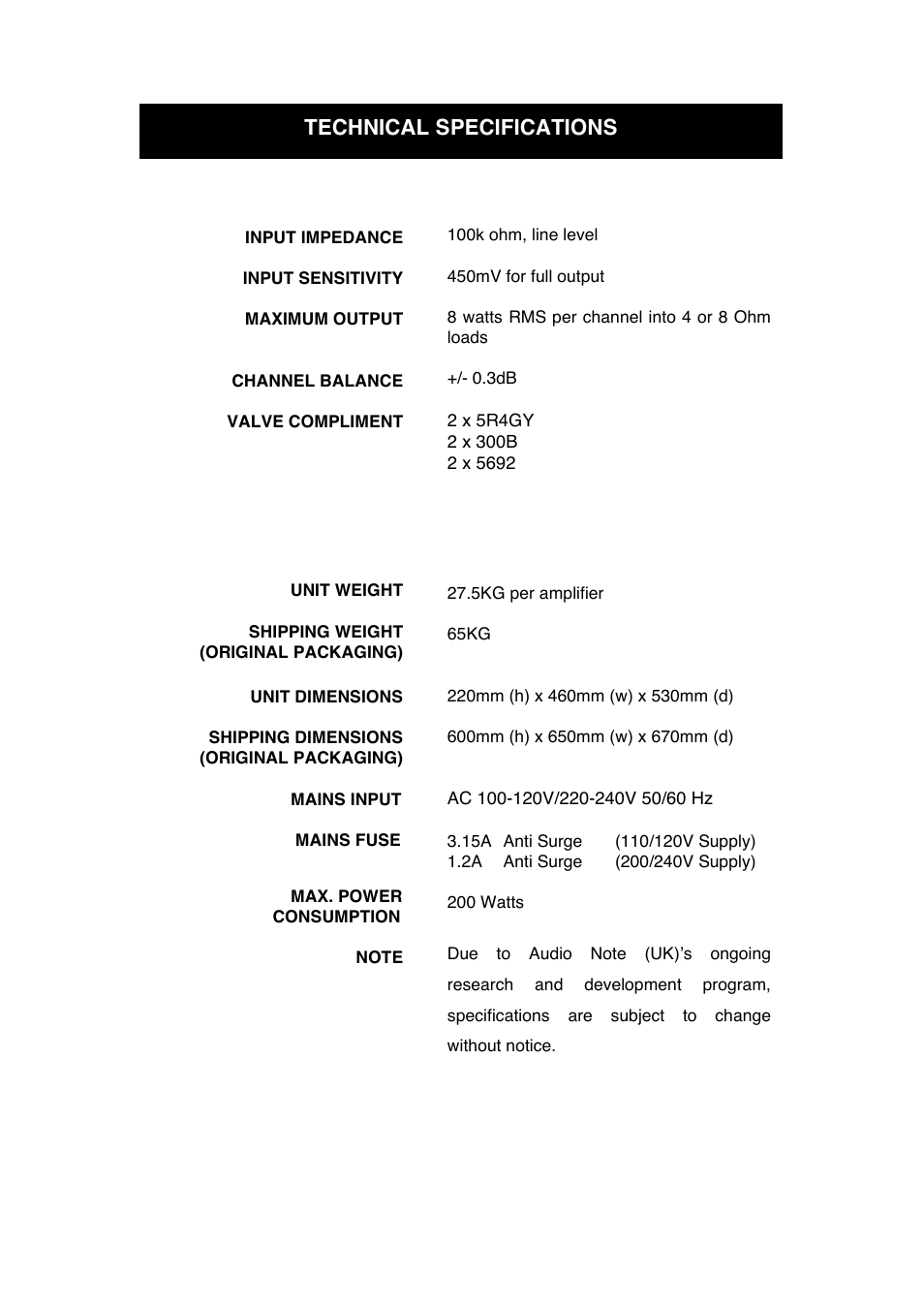 Technical specifications | Audio Note Baransu User Manual | Page 11 / 13