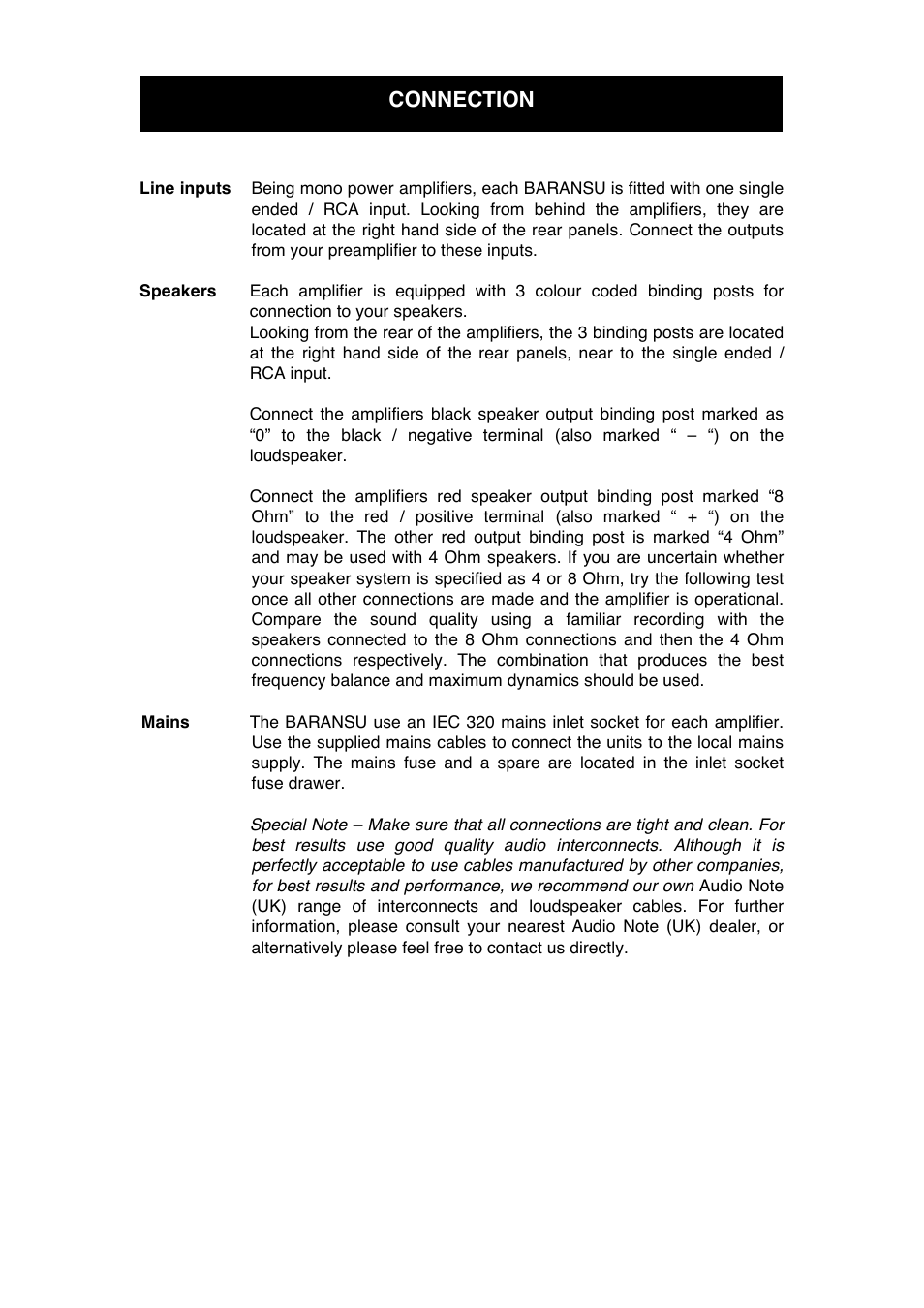 Connection | Audio Note Baransu User Manual | Page 9 / 13