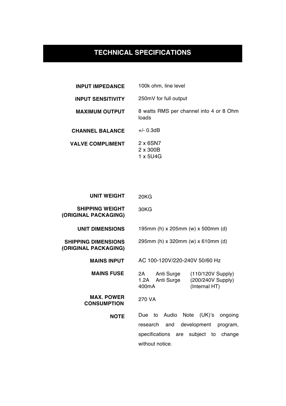 Technical specifications | Audio Note Conqueror User Manual | Page 10 / 12