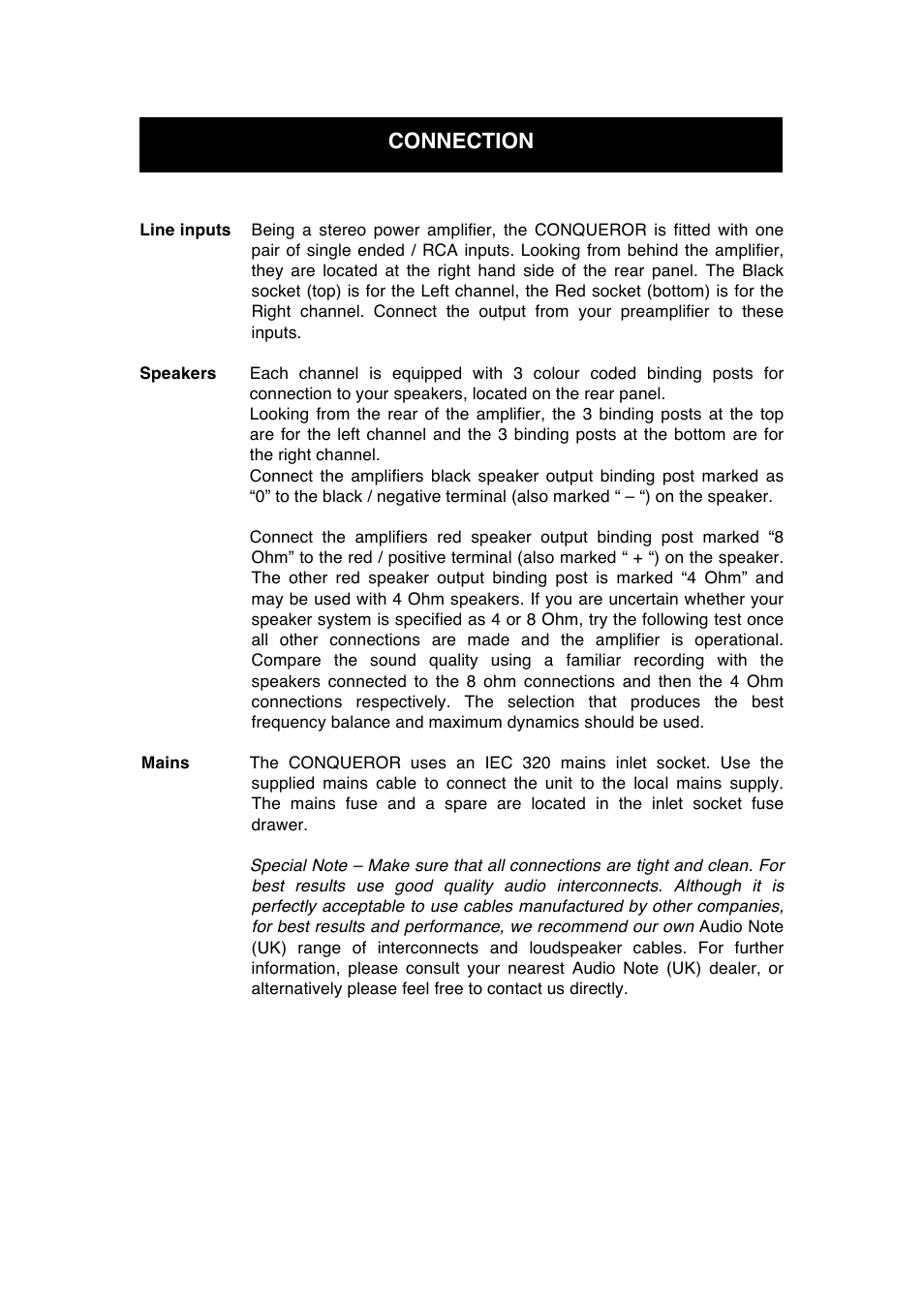 Connection | Audio Note Conqueror User Manual | Page 8 / 12