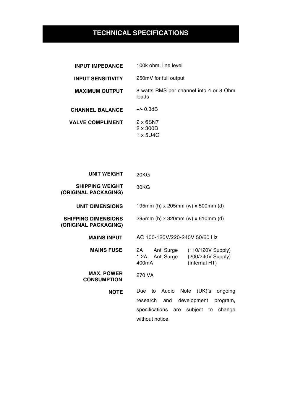 Technical specifications | Audio Note Conqueror Silver User Manual | Page 10 / 12