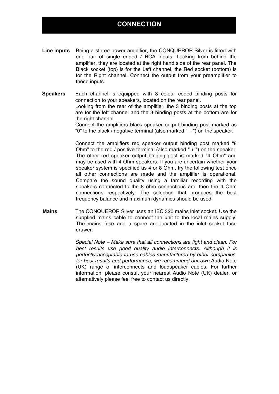 Connection | Audio Note Conqueror Silver User Manual | Page 8 / 12