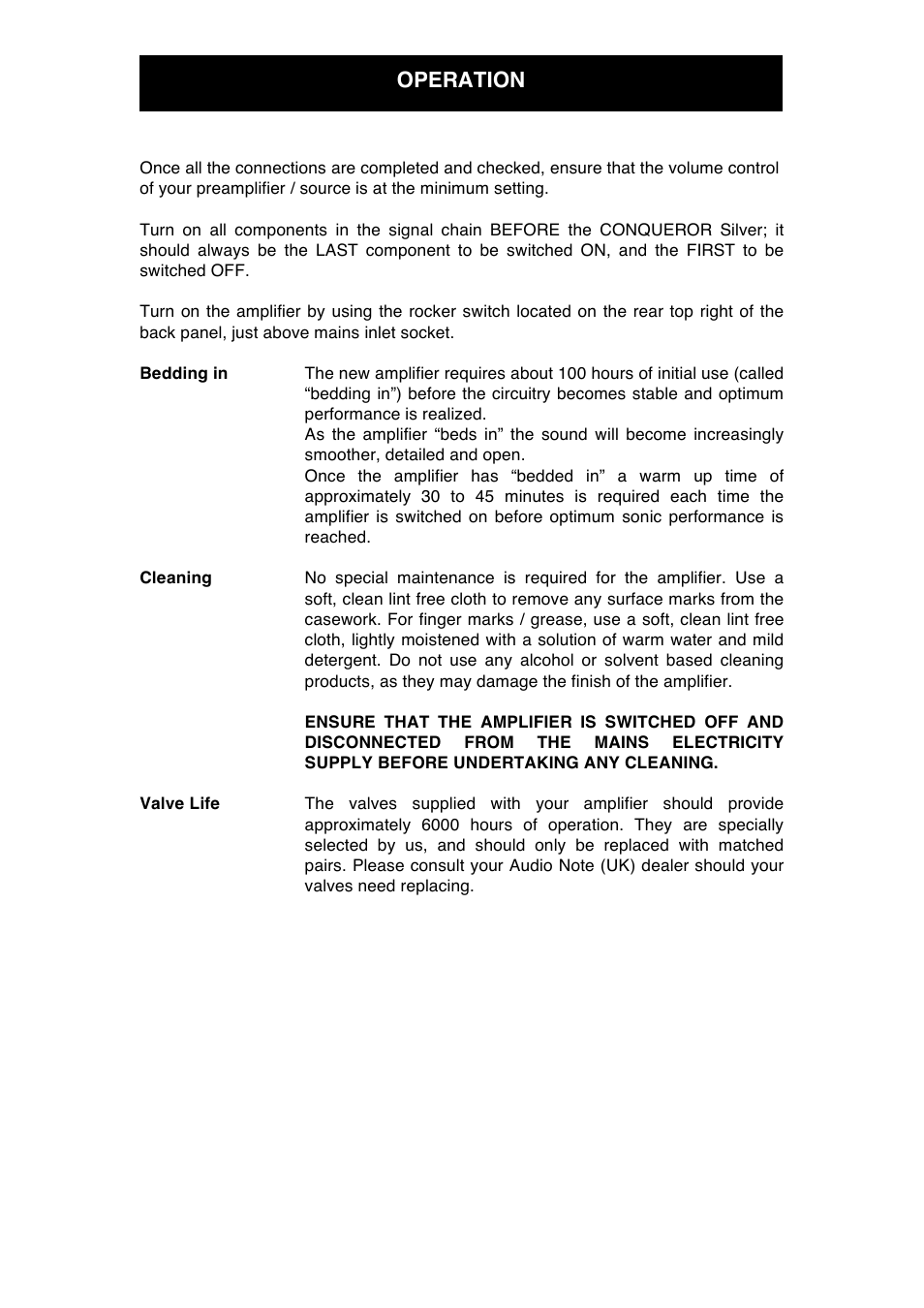 Operation | Audio Note Conqueror Silver User Manual | Page 9 / 12