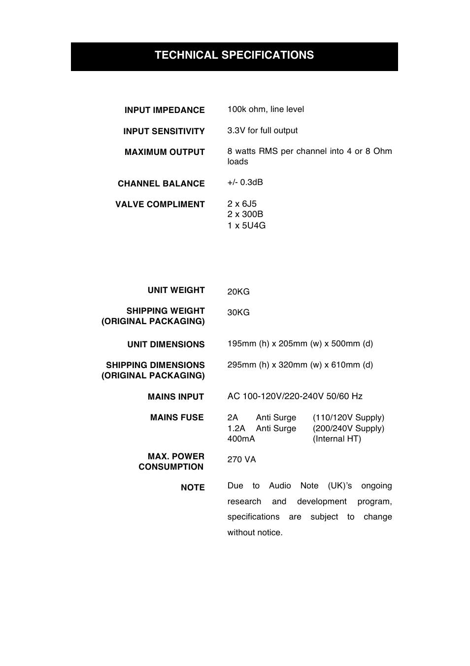 Technical specifications | Audio Note Conqueror Silver Signature low-gain User Manual | Page 10 / 12