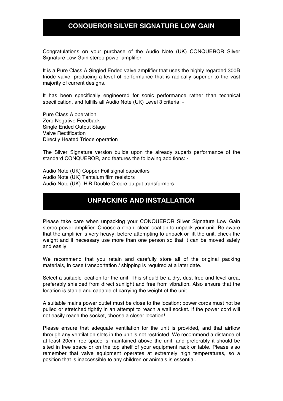Audio Note Conqueror Silver Signature low-gain User Manual | Page 6 / 12