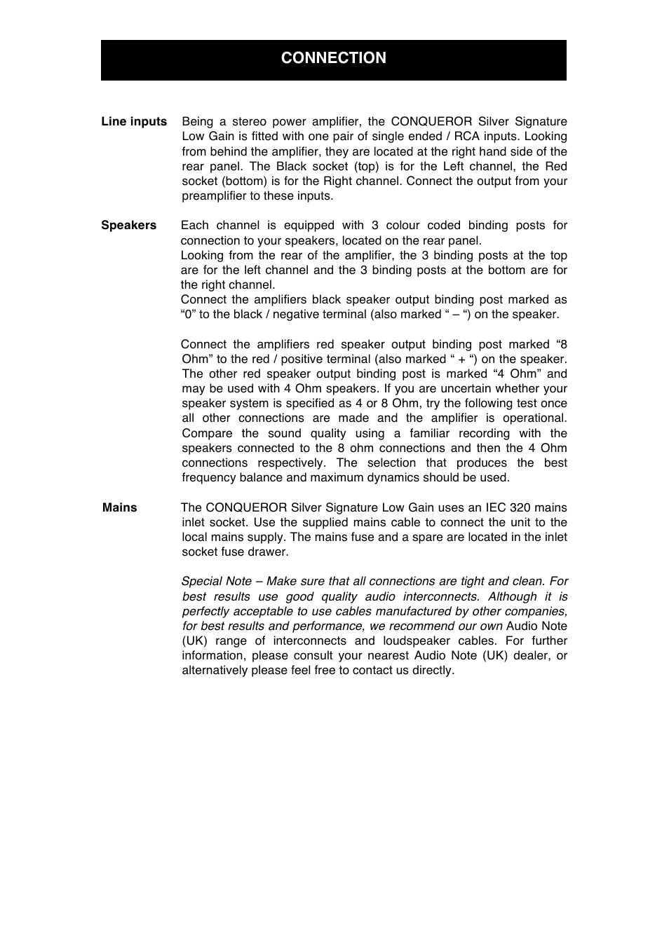 Connection | Audio Note Conqueror Silver Signature low-gain User Manual | Page 8 / 12