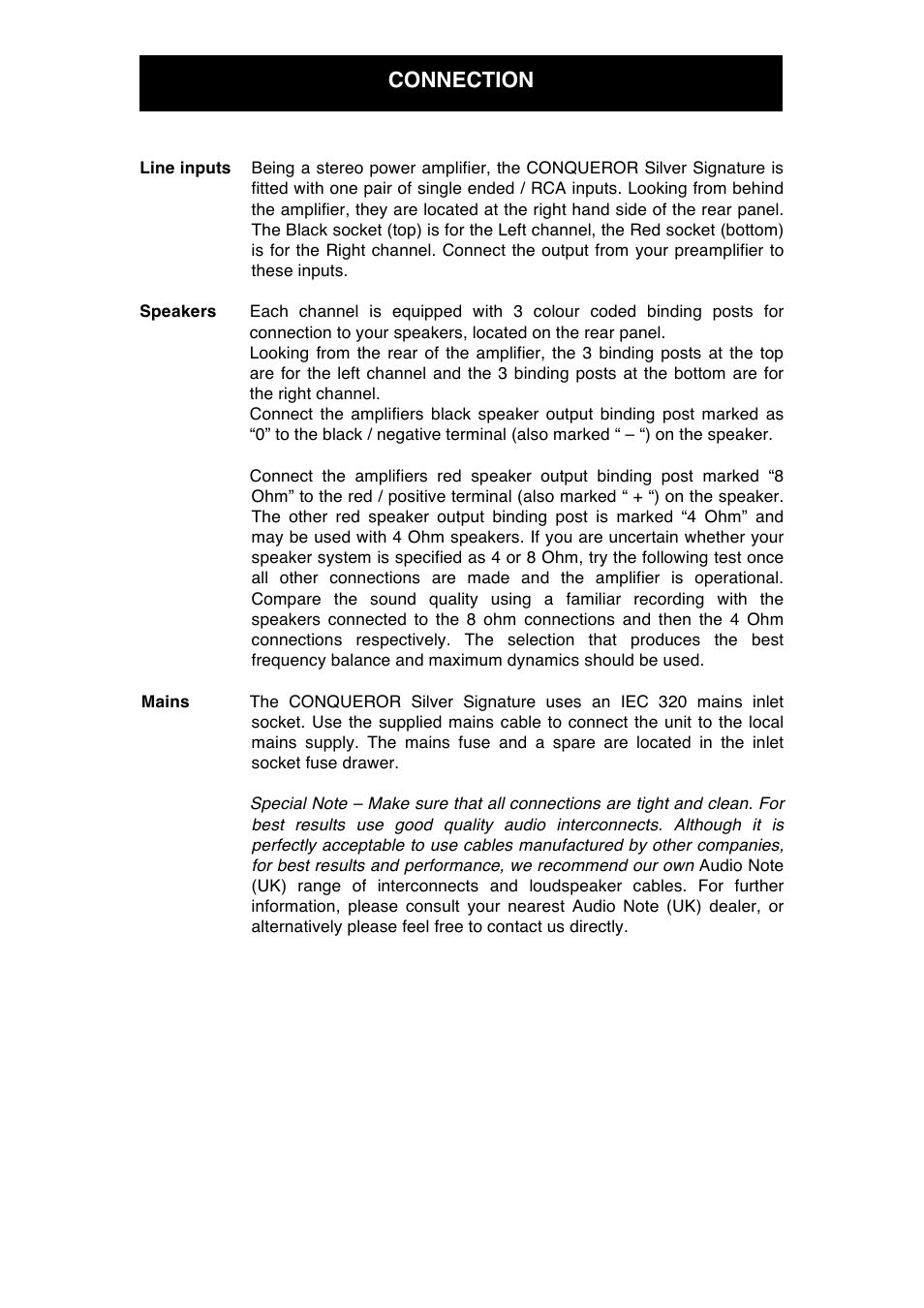 Connection | Audio Note Conqueror Silver Signature User Manual | Page 8 / 12