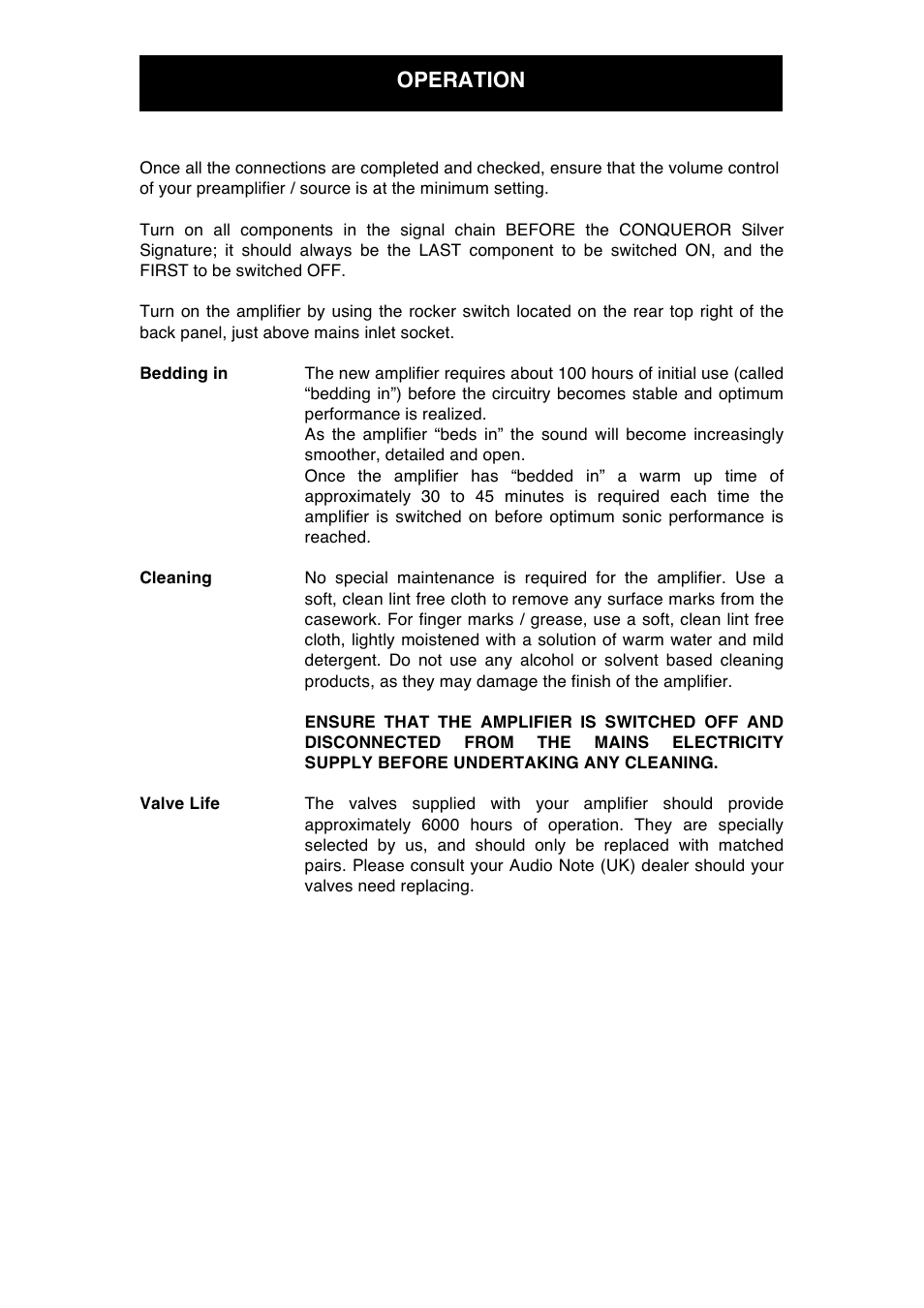 Operation | Audio Note Conqueror Silver Signature User Manual | Page 9 / 12