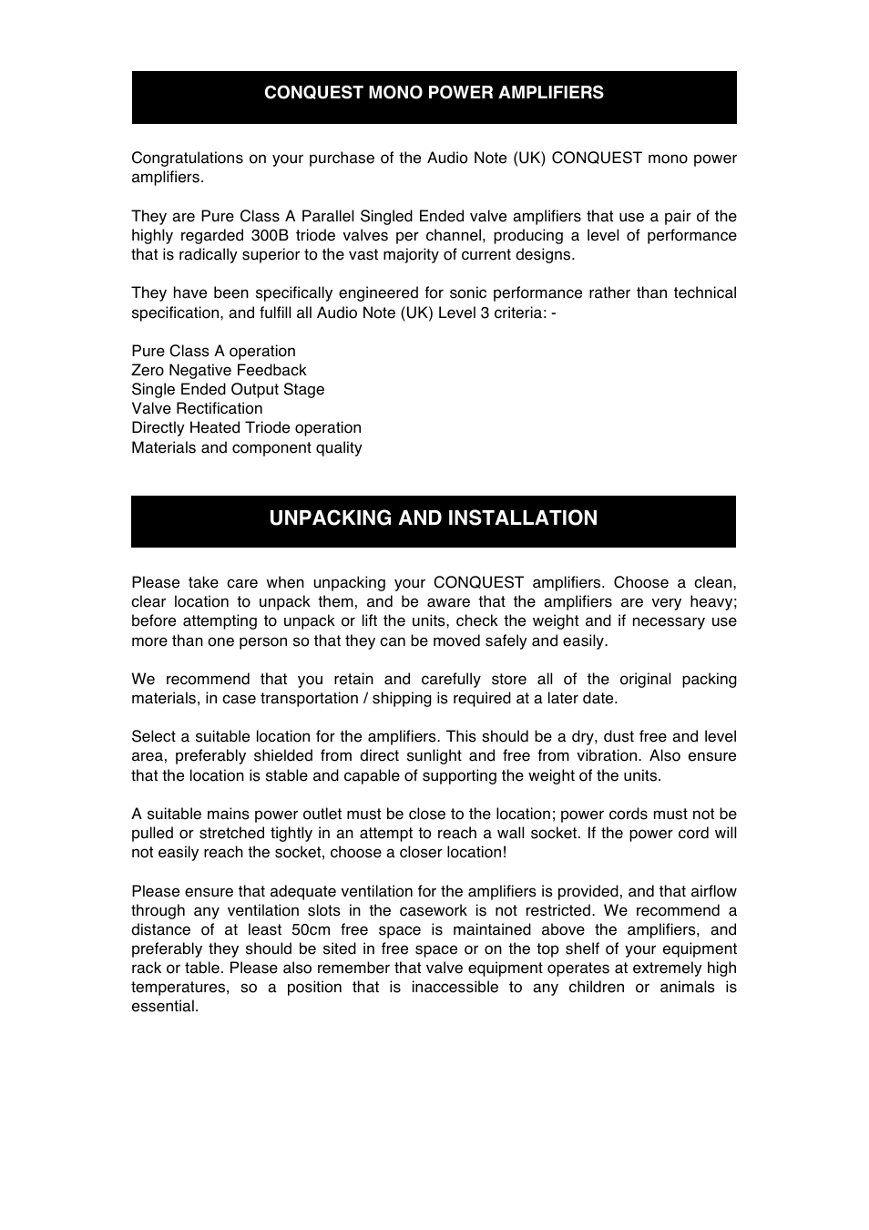Unpacking and installation | Audio Note Conquest User Manual | Page 6 / 12
