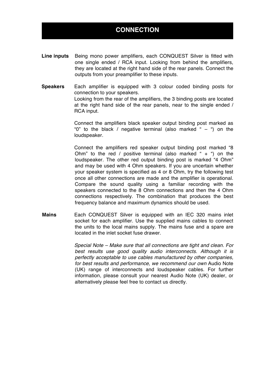 Connection | Audio Note Conquest Silver User Manual | Page 9 / 13