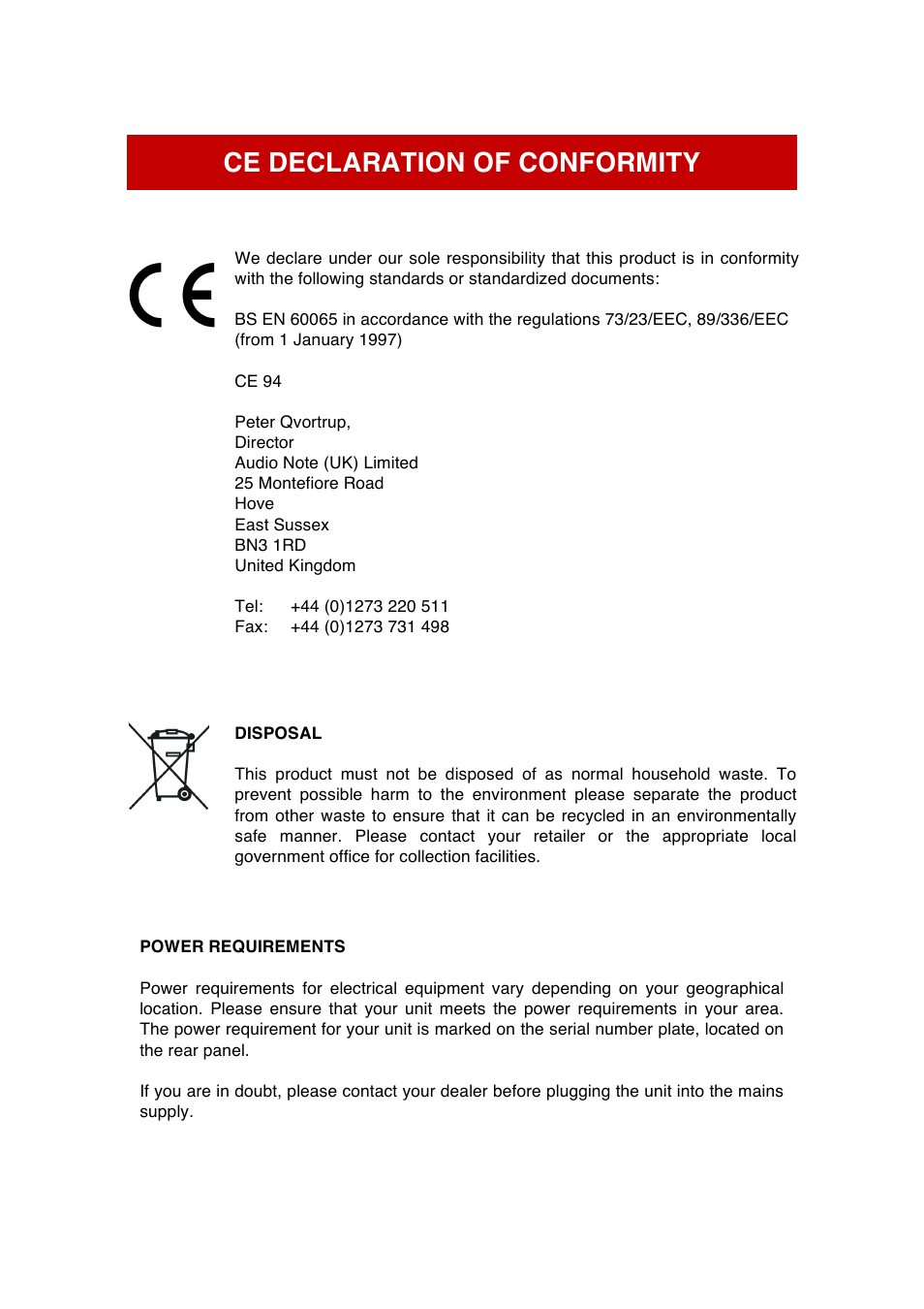 Ce declaration of conformity | Audio Note Conquest Silver Signature low-gain User Manual | Page 4 / 13