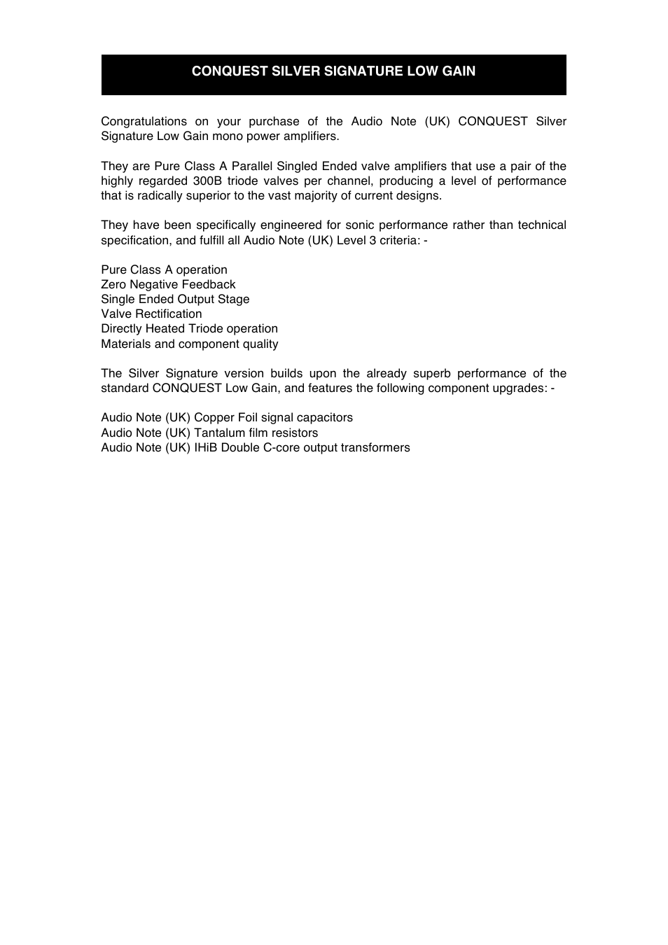 Audio Note Conquest Silver Signature low-gain User Manual | Page 6 / 13