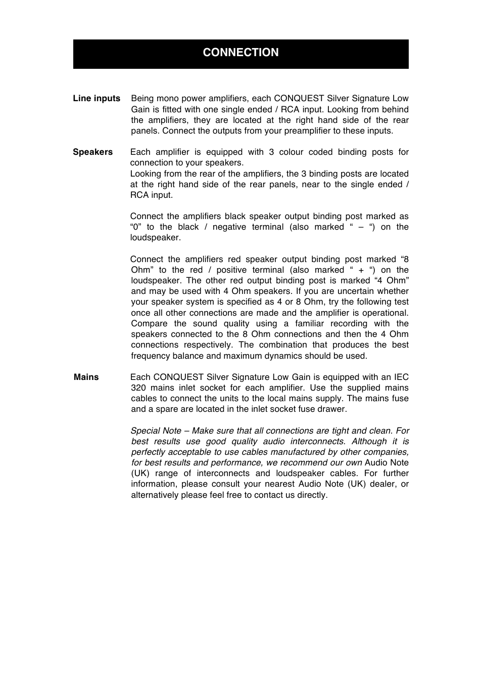 Connection | Audio Note Conquest Silver Signature low-gain User Manual | Page 9 / 13