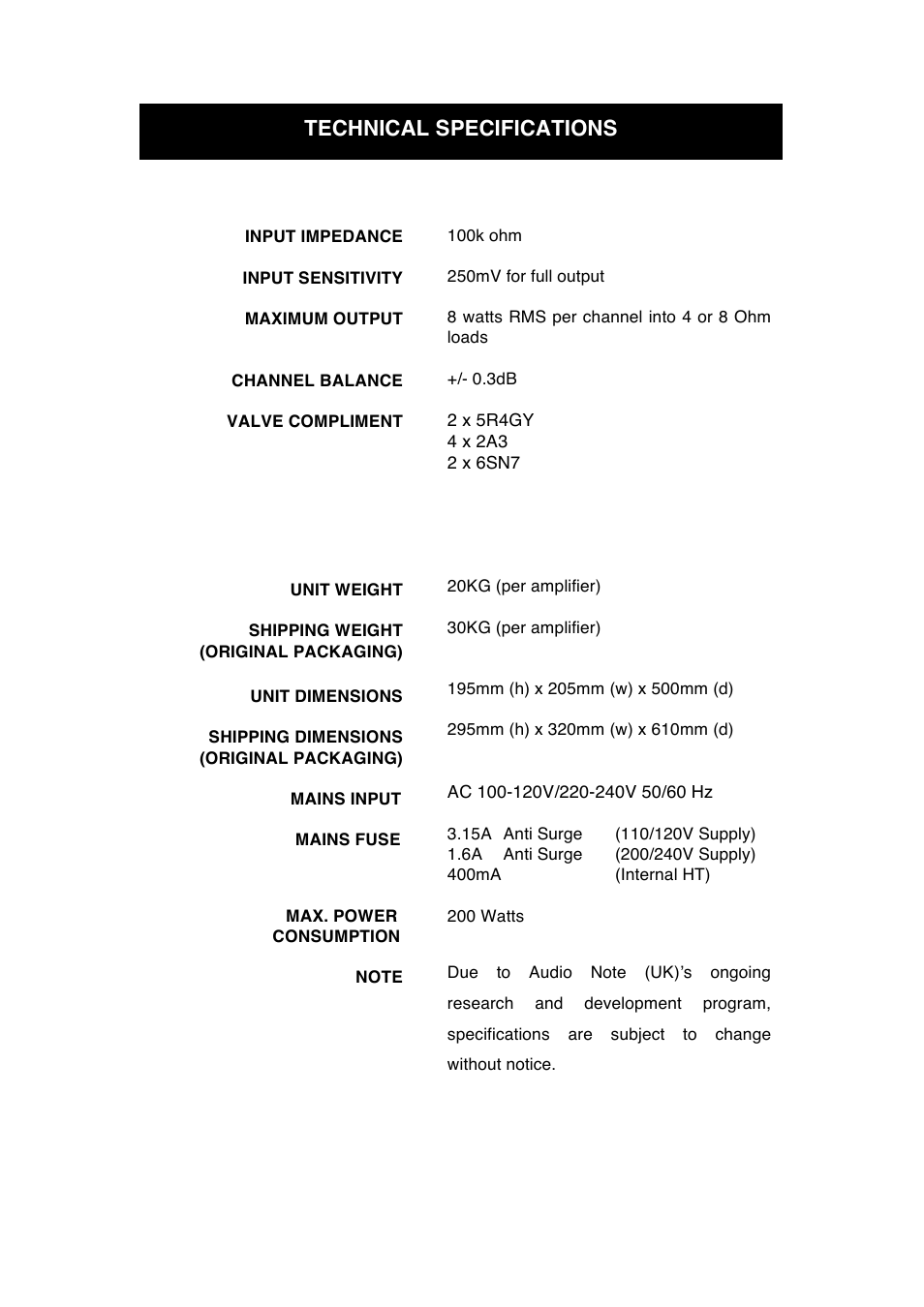 Technical specifications | Audio Note Empress User Manual | Page 10 / 12