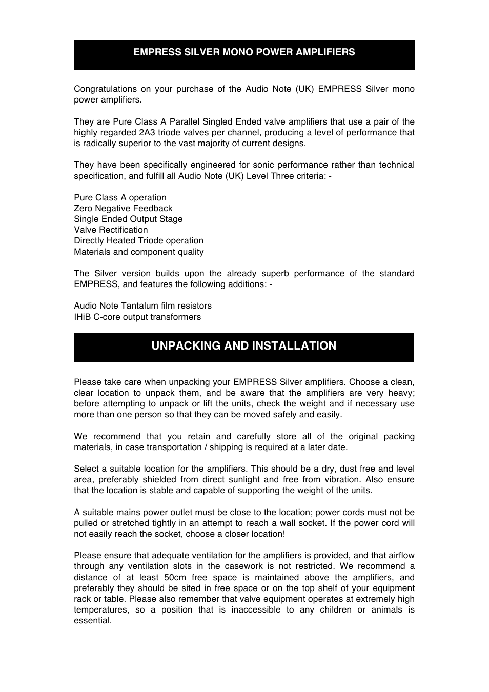 Unpacking and installation | Audio Note Empress Silver User Manual | Page 6 / 12