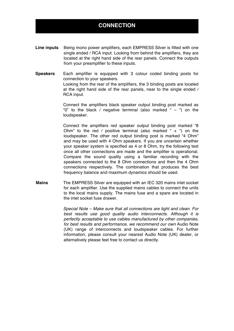 Connection | Audio Note Empress Silver User Manual | Page 8 / 12