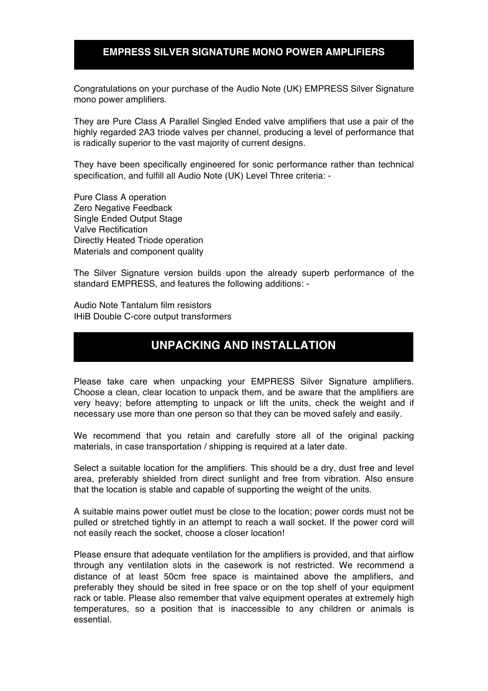 Unpacking and installation | Audio Note Empress Silver Signature User Manual | Page 6 / 12
