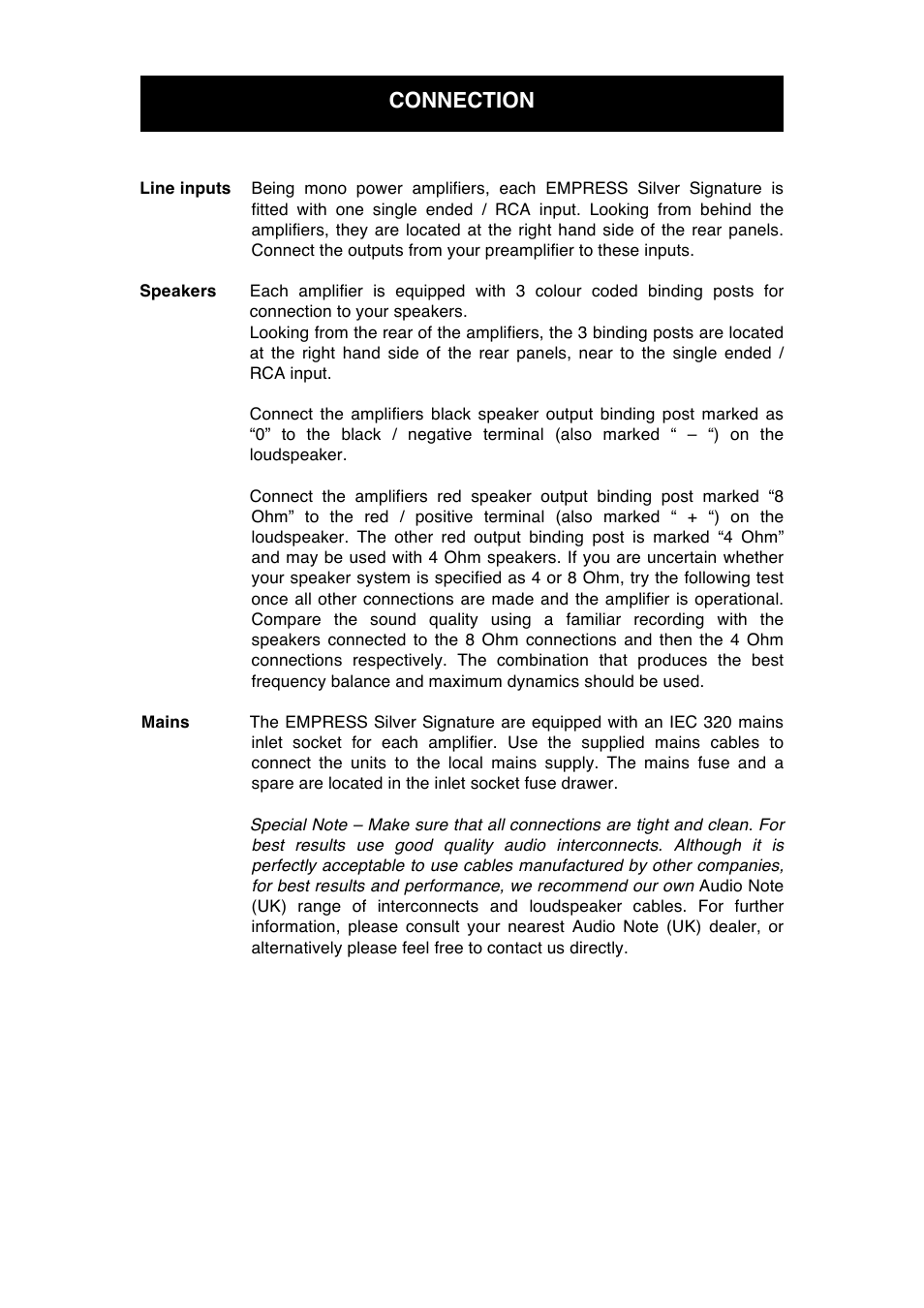 Connection | Audio Note Empress Silver Signature User Manual | Page 8 / 12