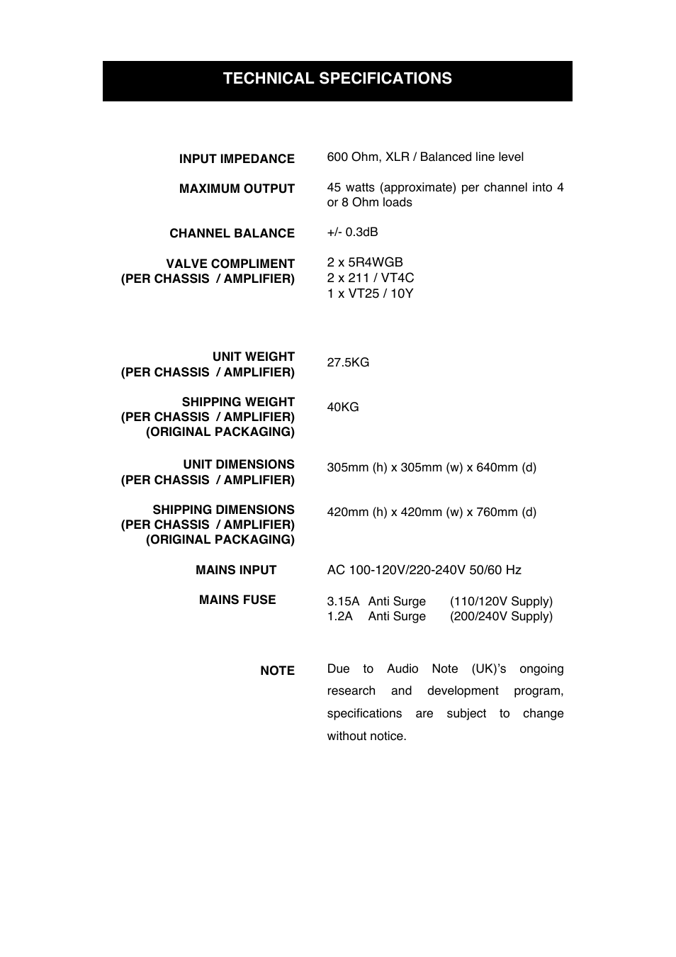 Technical specifications | Audio Note Gaku-on User Manual | Page 12 / 14