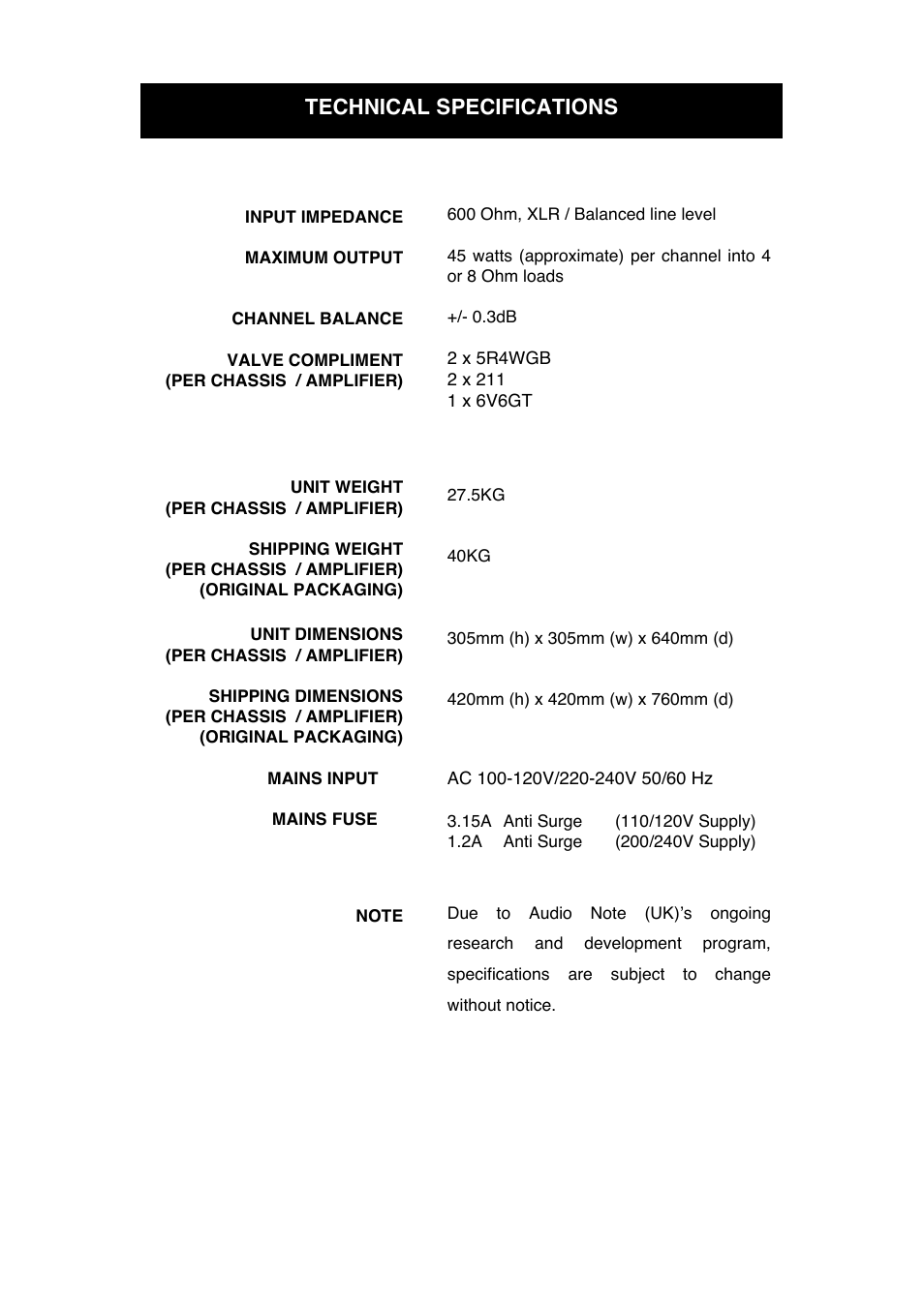 Technical specifications | Audio Note Ginrei User Manual | Page 12 / 14