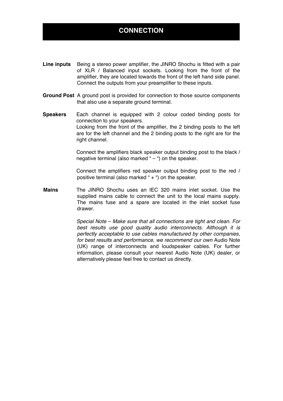Connection | Audio Note Jinro Shochu User Manual | Page 11 / 16