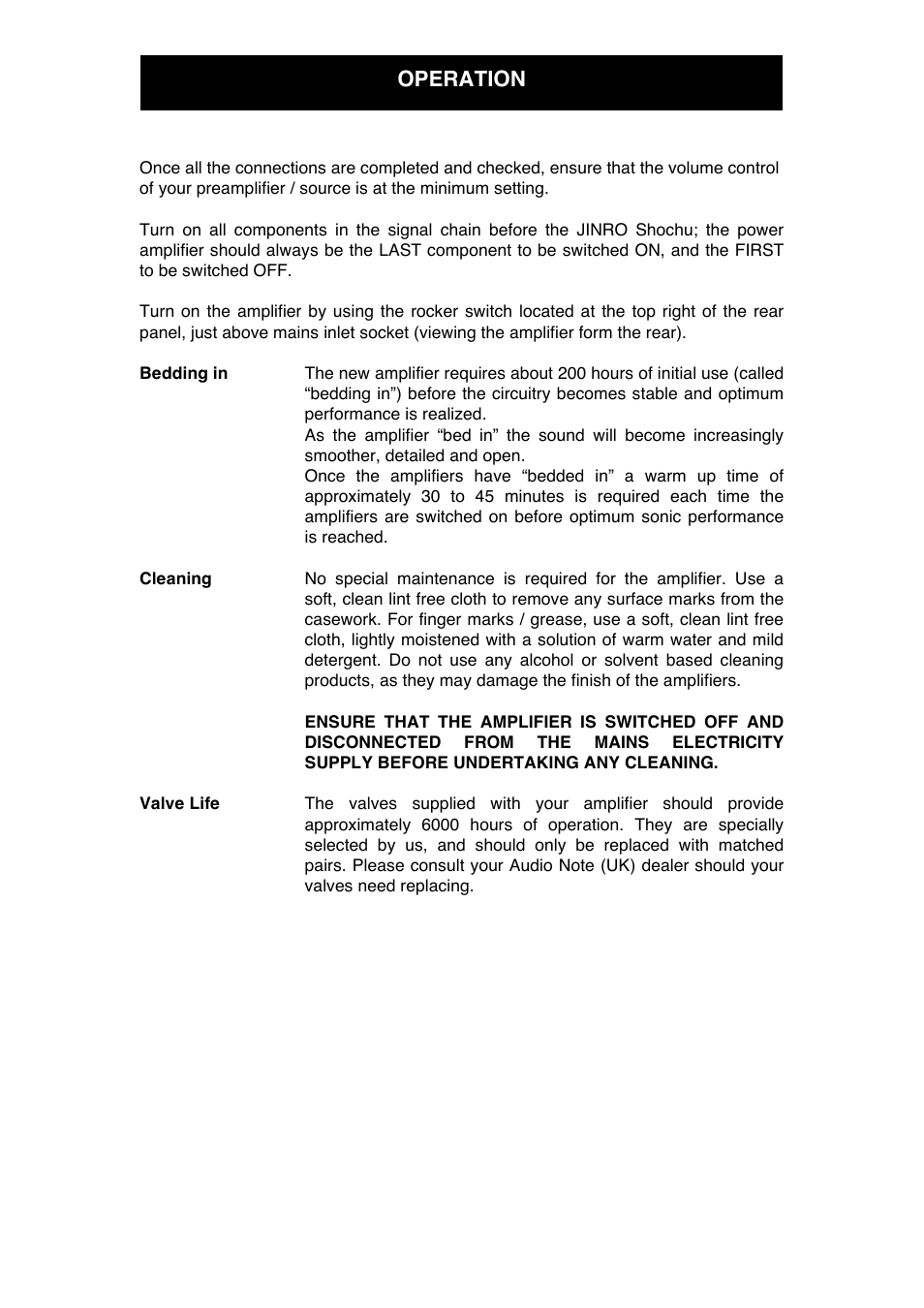 Operation | Audio Note Jinro Shochu User Manual | Page 13 / 16