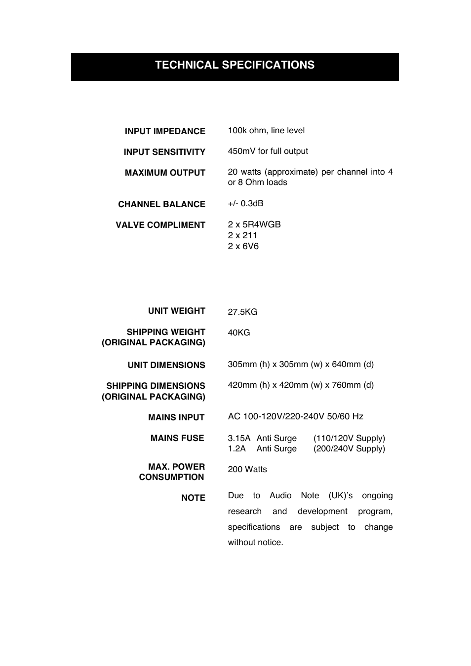 Technical specifications | Audio Note Jinro Shochu User Manual | Page 14 / 16