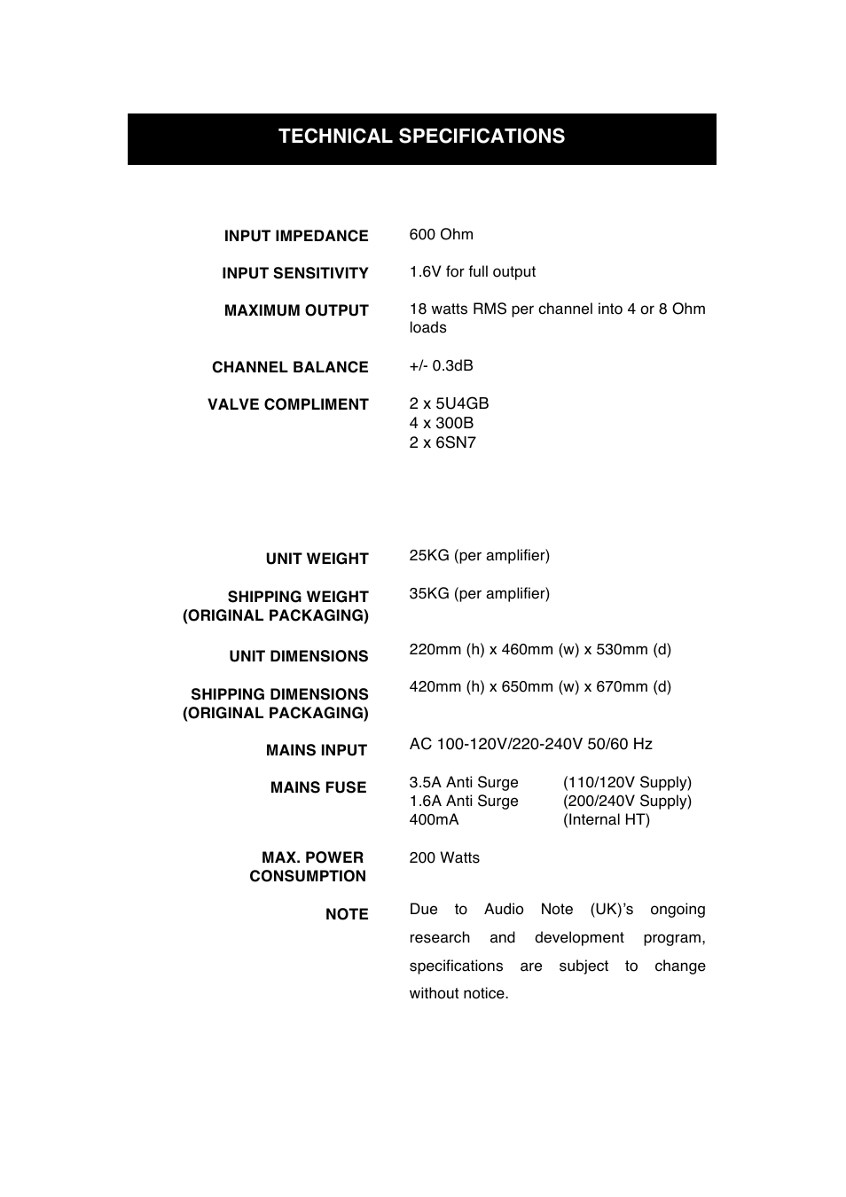 Technical specifications | Audio Note Kassai Balanced User Manual | Page 13 / 15