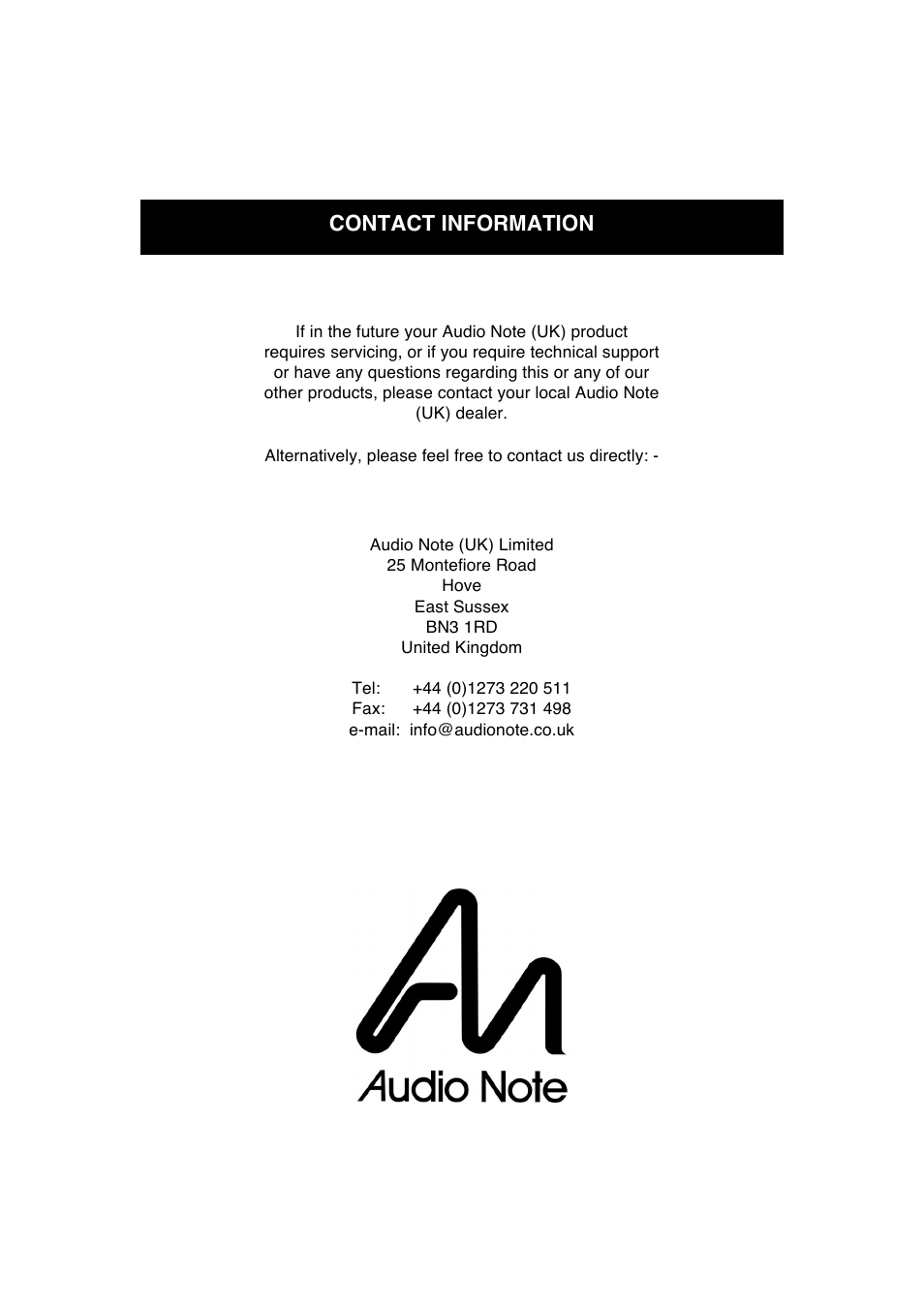 Contact information | Audio Note Kassai Balanced User Manual | Page 15 / 15